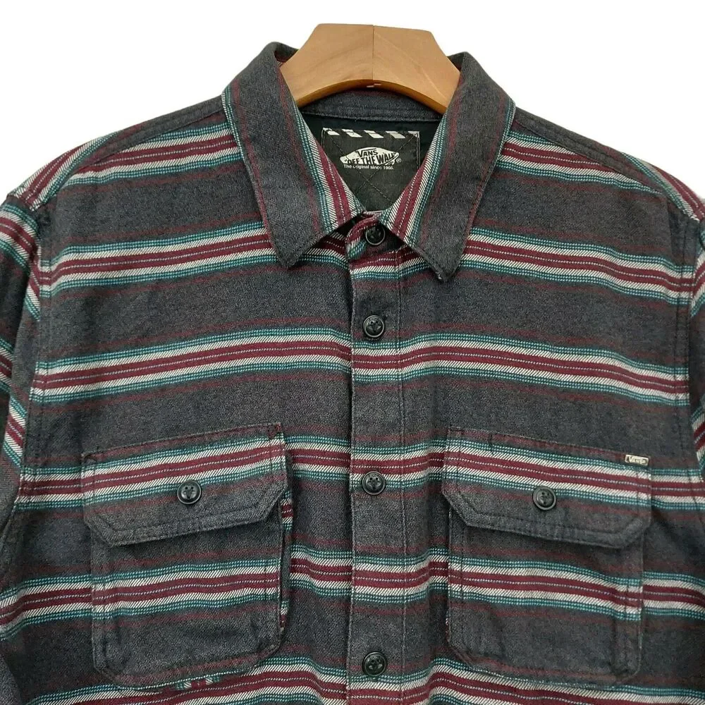 Vans Flannel Shirt Mens Medium Gray Striped Button Up Long Sleeve 100% Cotton